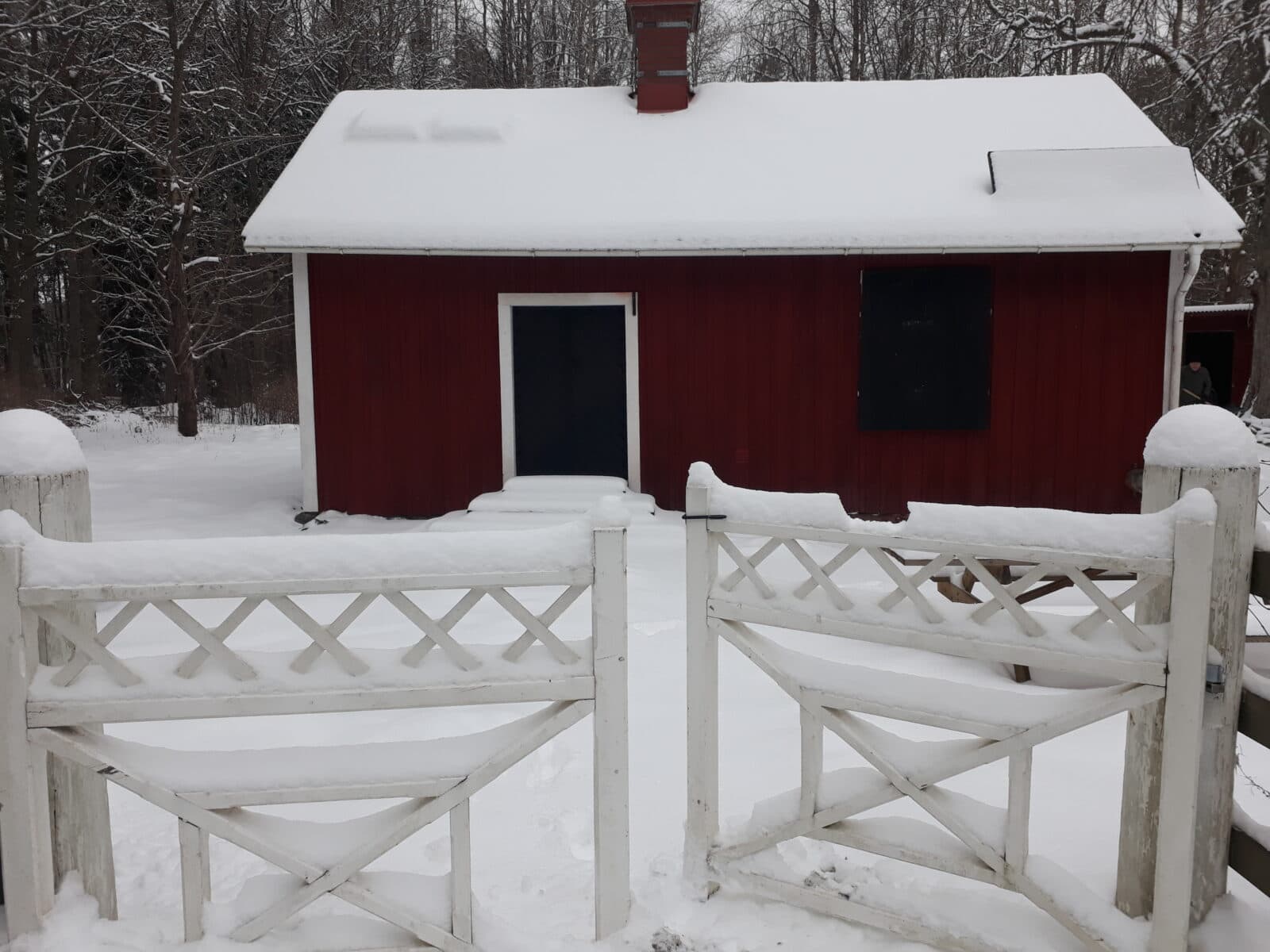 Vinterbild av Lillåstugan med snö på taket och den snöklädda grinden i förgrunden.