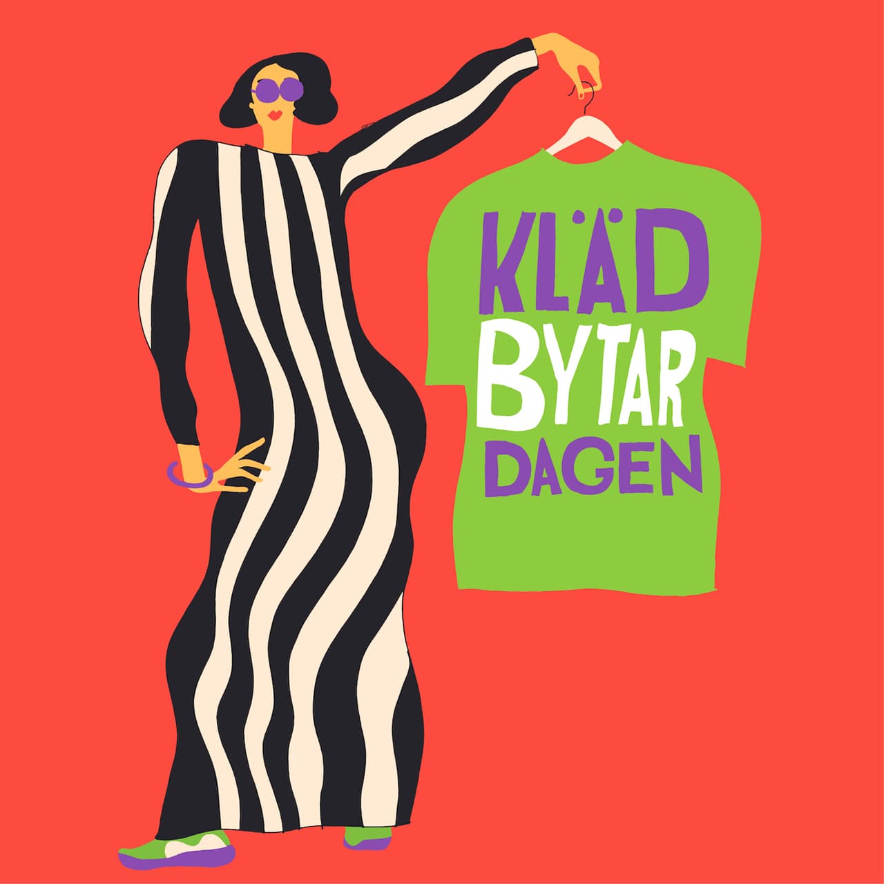 Tecknad illustration av Erica Jacobson för att marknadsföra klädbytardagen. Bilden föreställer en kvinna i randig klänning som lyfter en galge med t-shirt med texten Klädbytardagen. Röd bakgrund.